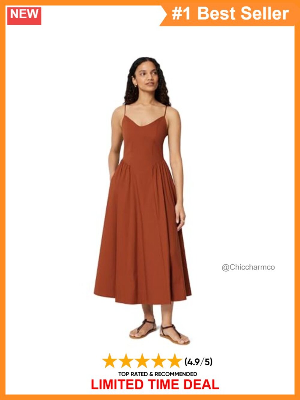 Stretch Cotton Poplin Fit & Flare Midi Dress Thin Strap Sleeveless